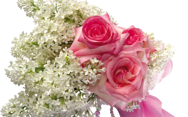 Розовые розы и сирень