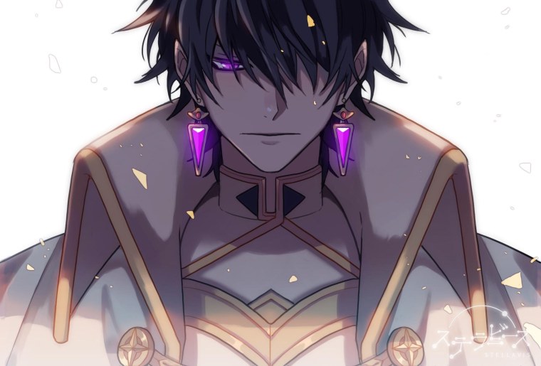 Парень с черными волосами и фиолетовыми глазами арт