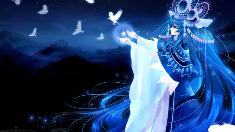 Аниме девушка в кимоно с синими волосами