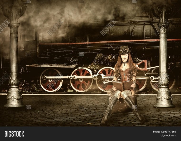 Девушка в стиле стимпанк с чемоданом