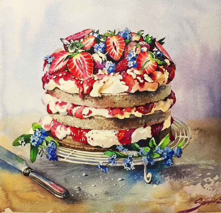 Тортики пирожные акварелью