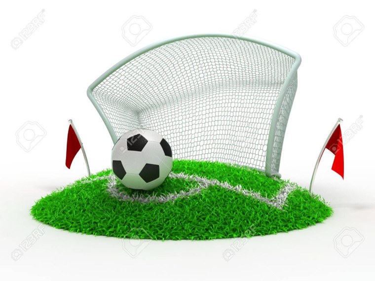 Футбольный мяч в воротах на белом фоне