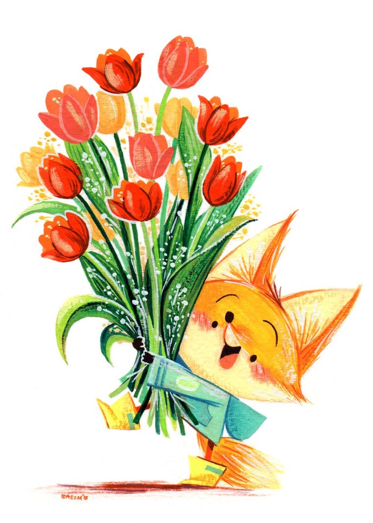 Лиса с букетом цветов