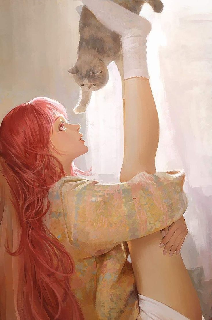 Девушка с кошкой арт