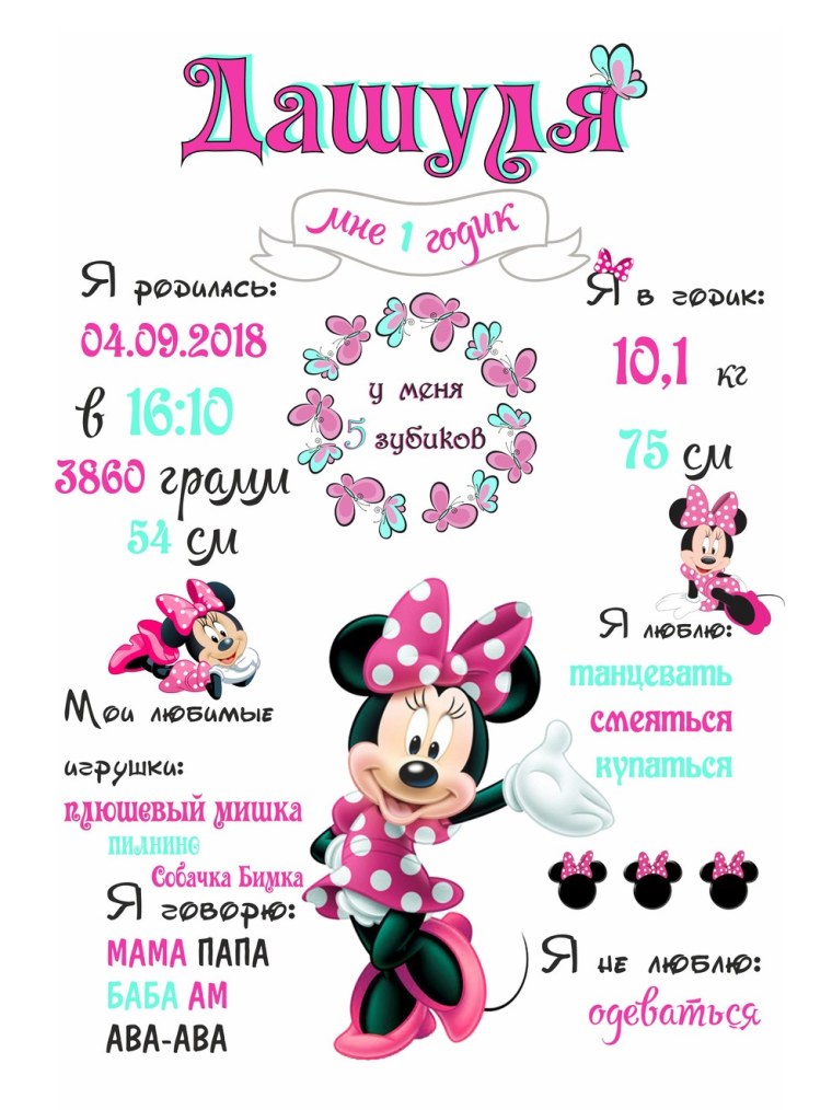 Метрика для девочки Минни Маус