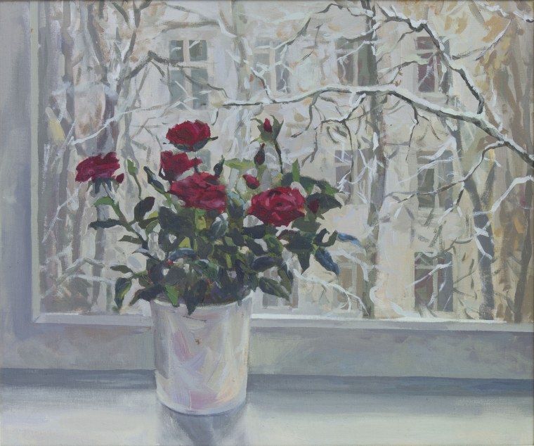 Цветы на зимнем окне живопись