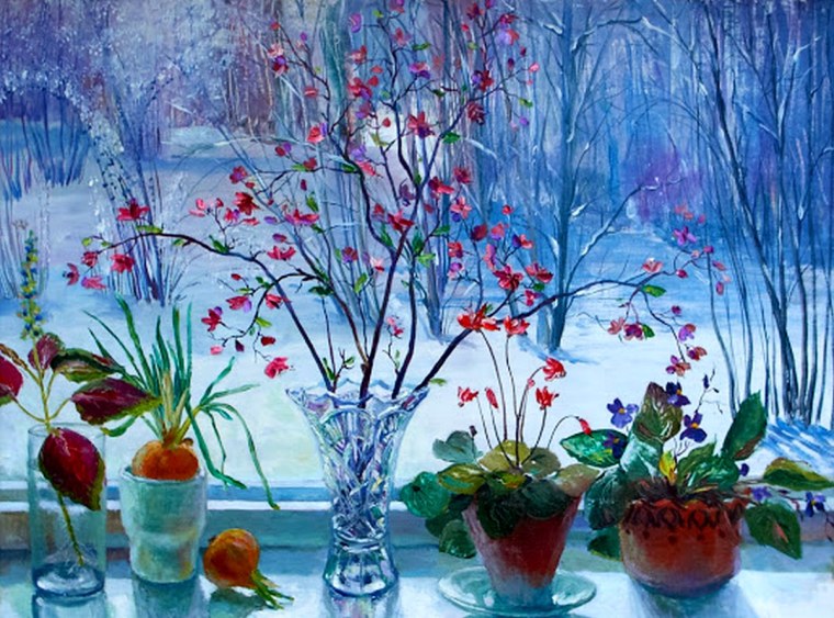 Зимние цветы живопись