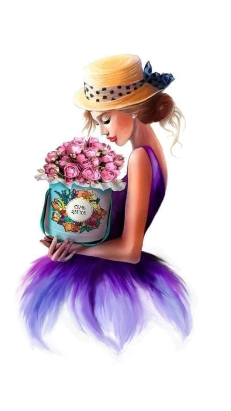 Нарисованная девушка с букетом