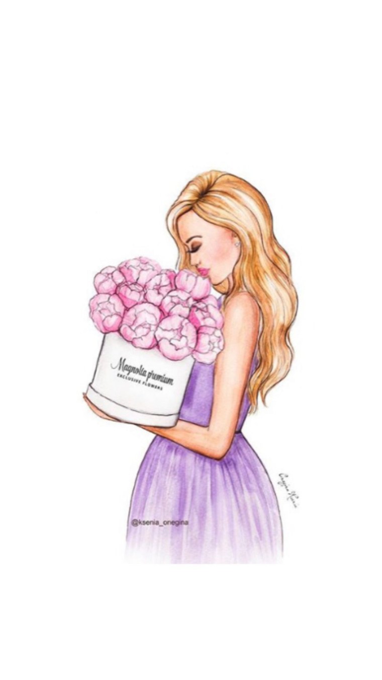 Нарисованная девушка с букетом