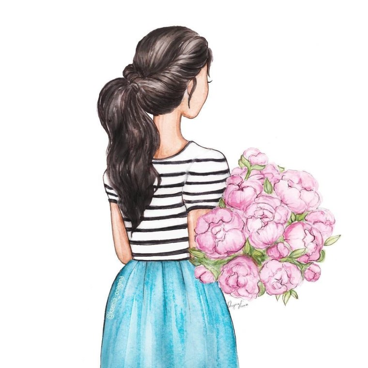 Нарисованная девушка с букетом