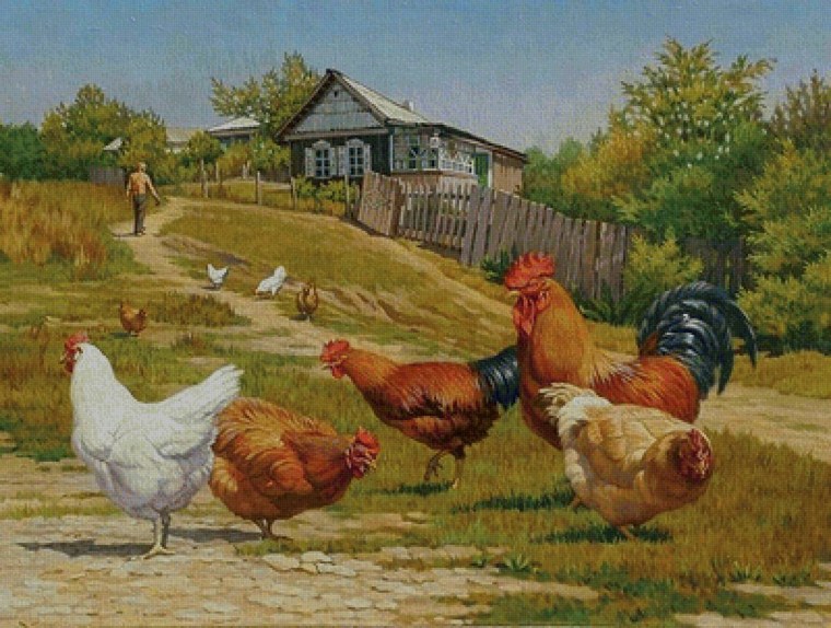 Деревенский пейзаж с курочками