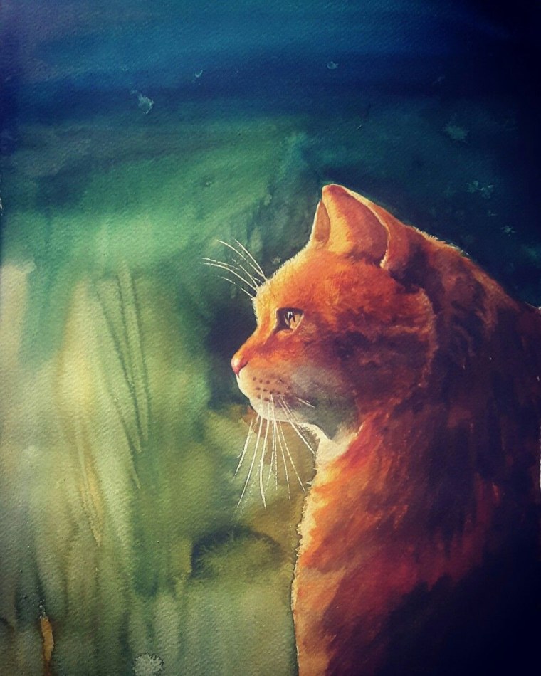 Пейзаж с котом акварелью