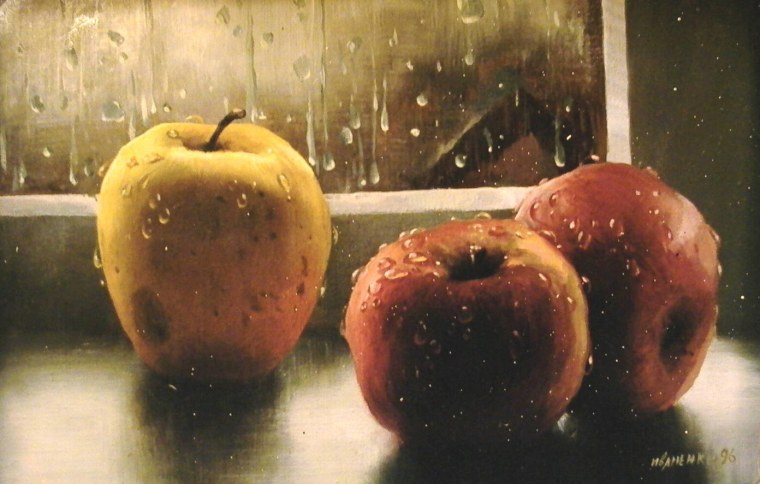Яблоки на подоконнике живопись