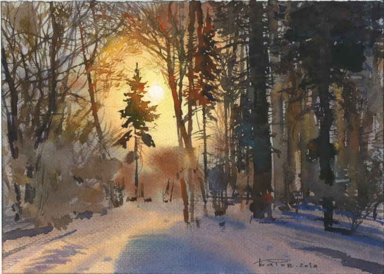 Акварель Батов Антон зимний пейзаж