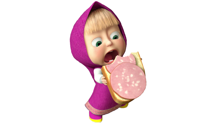 Маша из мультика Маша и медведь кушает