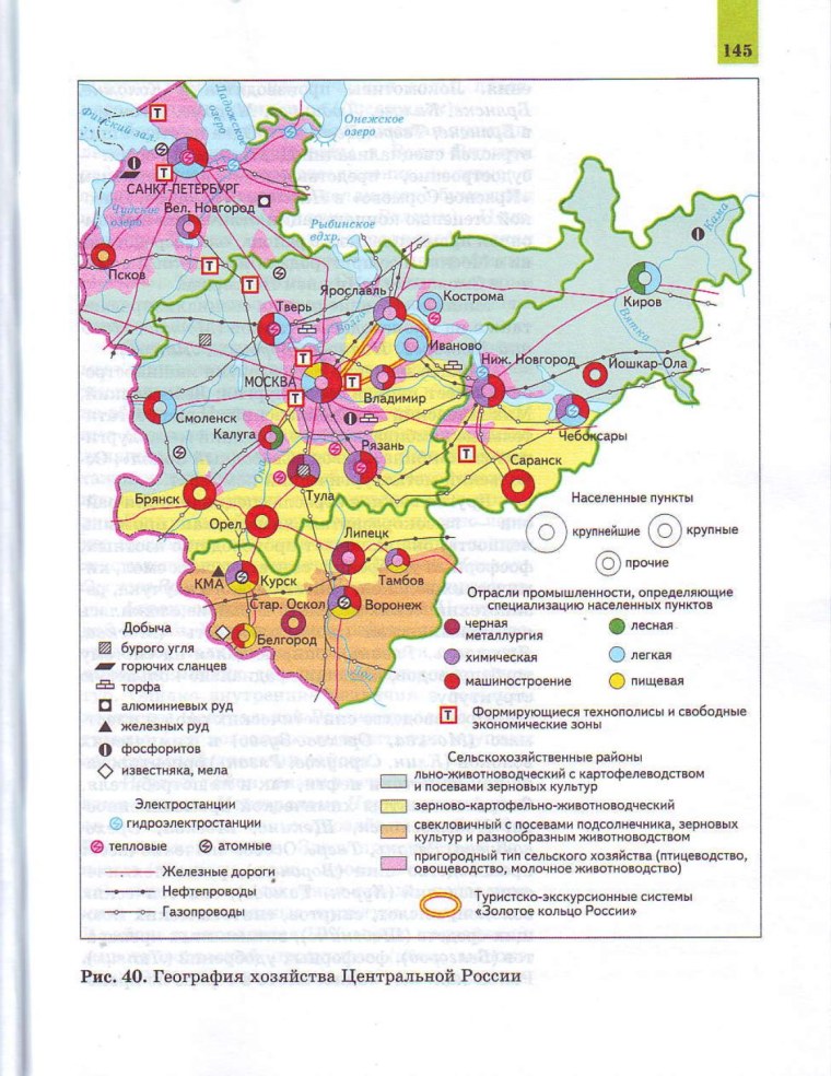 Карта Центральная Россия экономическая карта по географии 9 класс