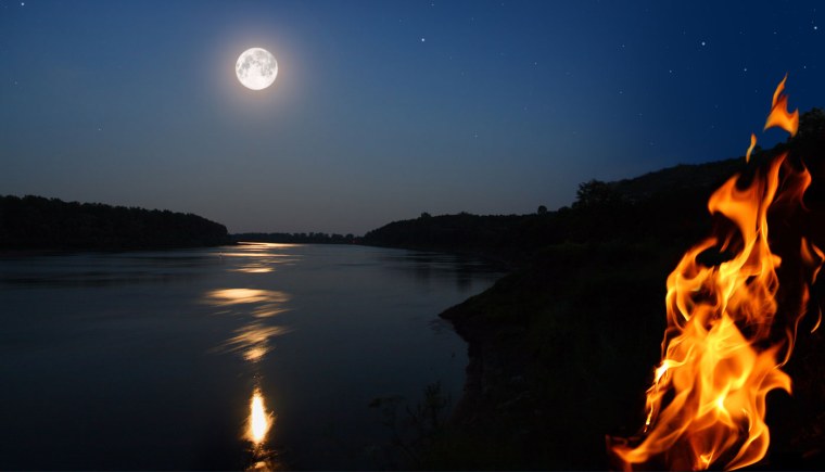 Ночь Луна море костер