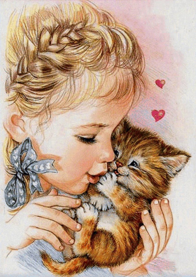 Девочка обнимает котенка