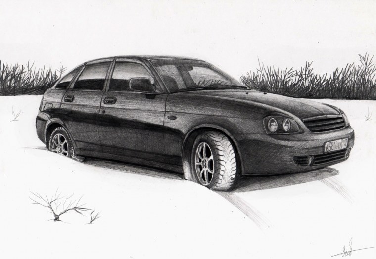 Лада Приора карандашом сбоку