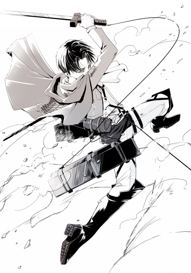 Леви Аккерман в полный рост черно белый