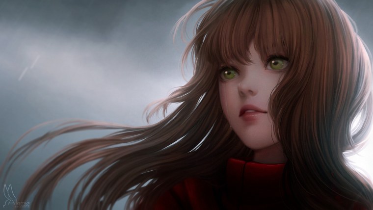 Аниме девушка с каштановыми волосами и зелёными глазами