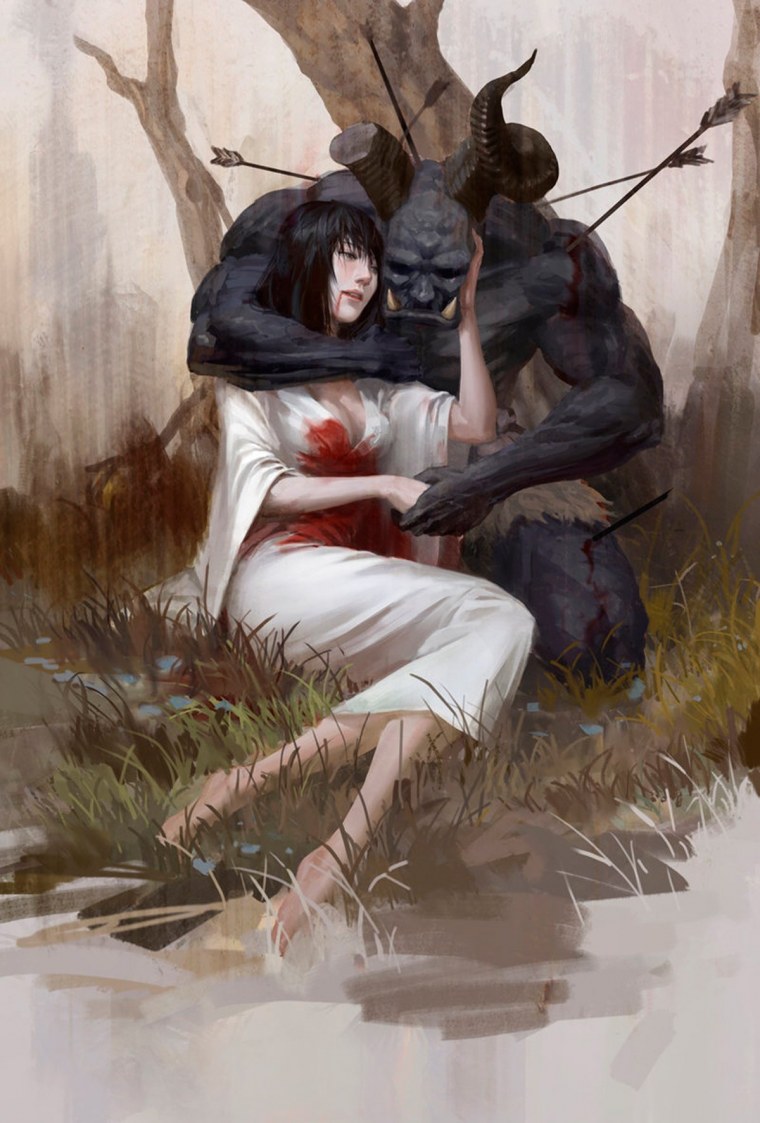 Демон обнимает девушку