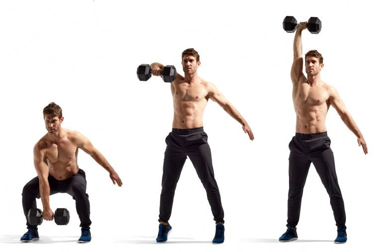 Мужчина с гантелей на белом фоне