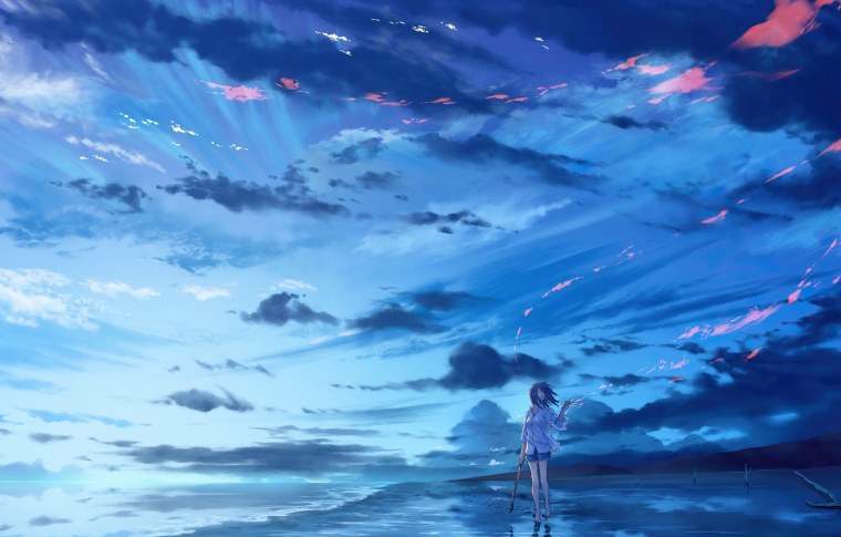 Аниме девушка в голубом кимоно