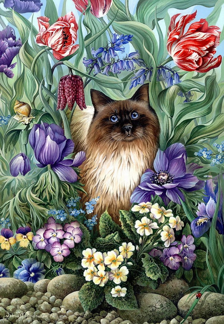 Кошка с цветами