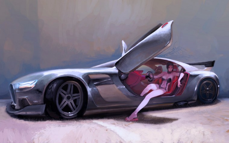 Девушки арт на фоне автомобилей