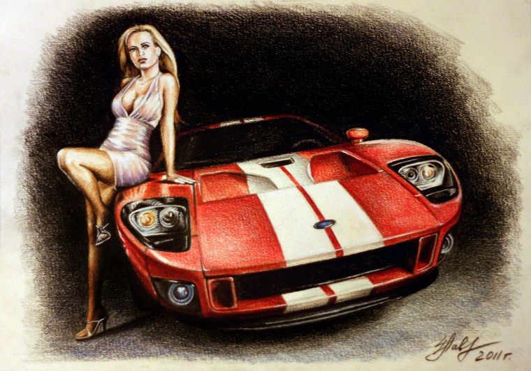 Рисованные девушки с автомобилями