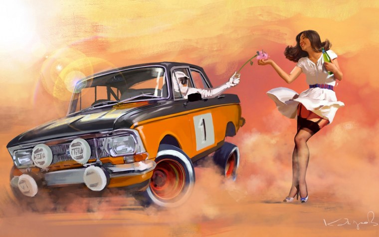 Девушка на машине нарисованная
