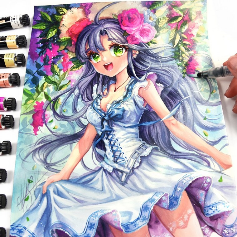 Аниме цветными карандашами
