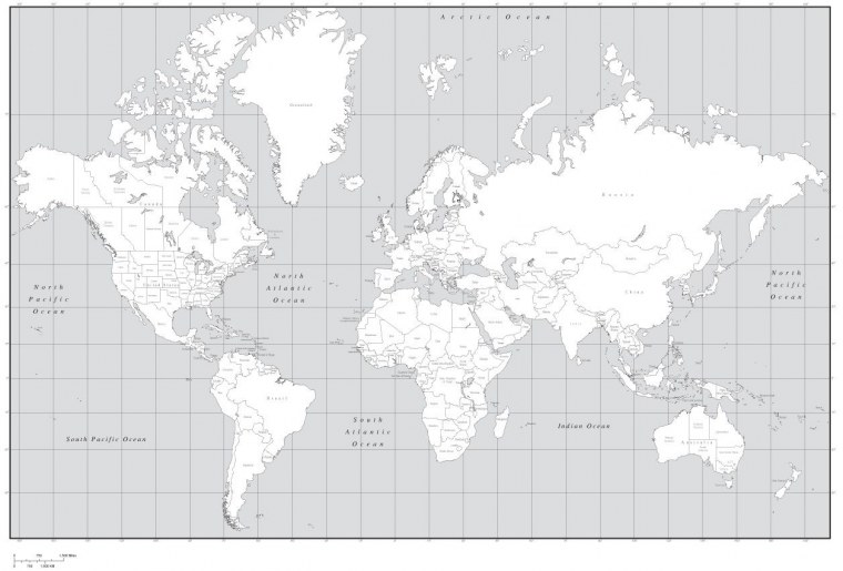 Карта мира географическая черно белая