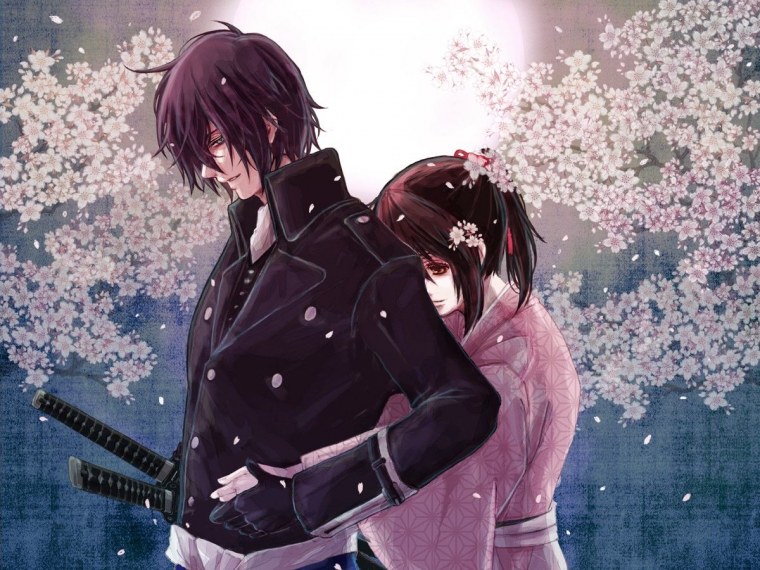 Аниме девушка с черными волосами в кимоно