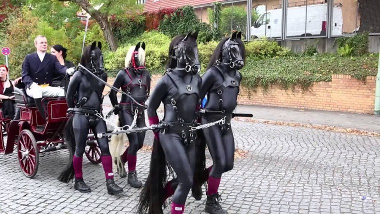 Женщина запряженная в повозку