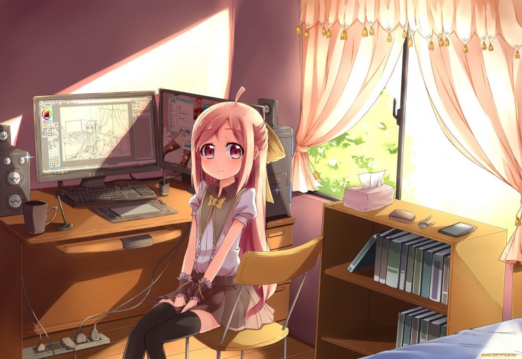 Аниме девушка за компьютером