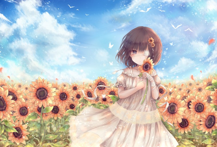Поле с подсолнухами аниме