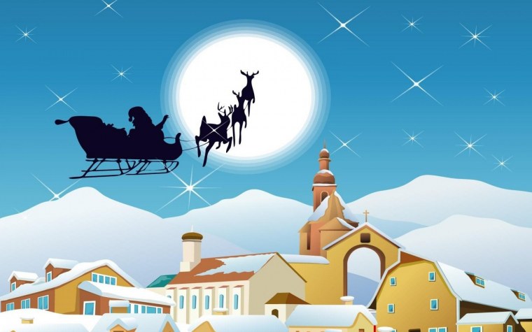 Санта на санях над городом