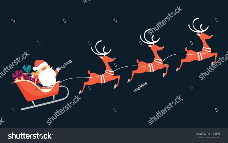 Олени и дед Мороз на санях по небу