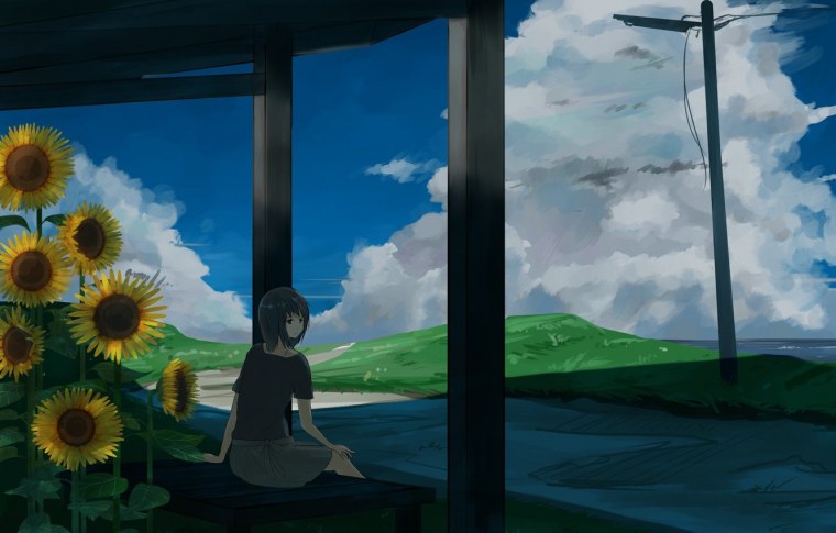 Подсолнухи на зеленом фоне