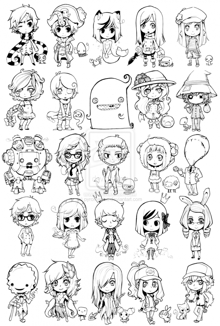 Аниме Стикеры для распечатки черно-белые