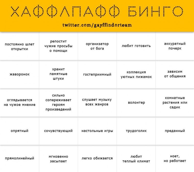 Бинго факультетов Хогвартса