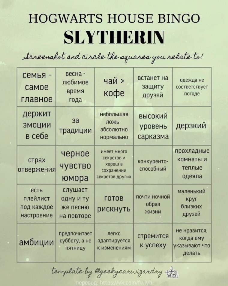 Бинго Гарри Поттер факультеты