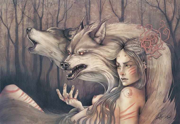 Волк обнимает девушку