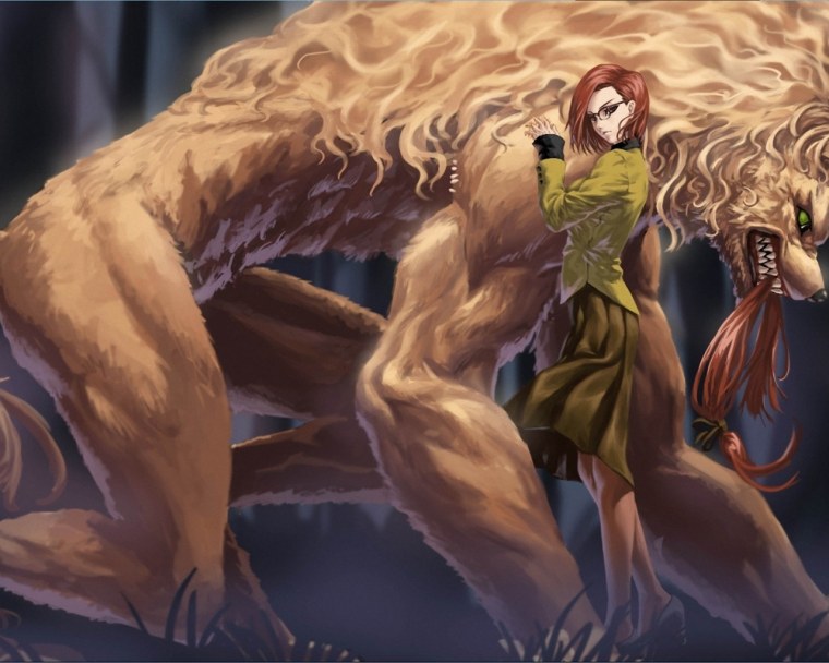 Девочка обнимает волка