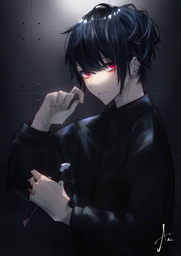 Парень с чёрными волосами и красными глазами