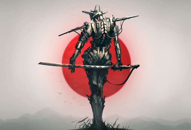 Самурай на фоне Луны арт