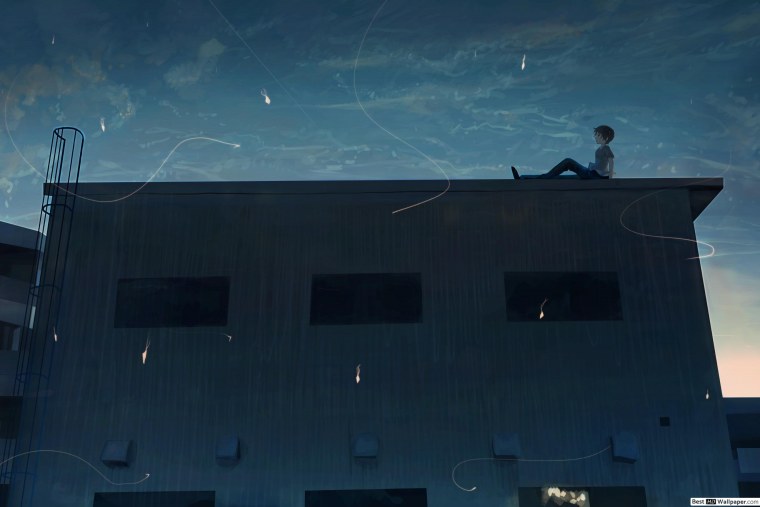 Крыша многоэтажки ночью аниме