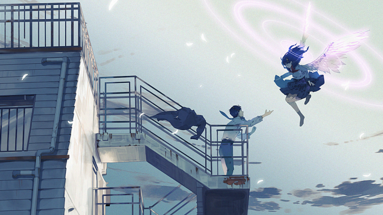 Аниме прыгает с крыши